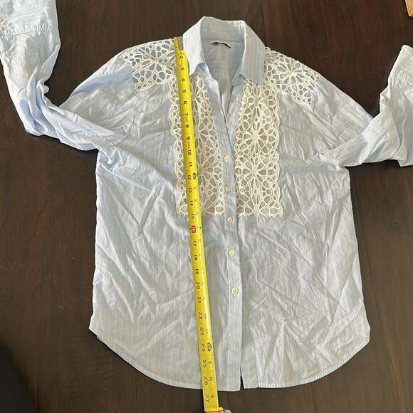 Sandro Blue White Strip Lace Insert Long Sleeve Button Down Blouse Shirt size 2 - Picture 13 of 15